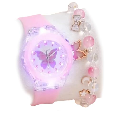 Butterfly Designed Analogue Watch with Beads Embellished Bracelet for 6year Kids - Analog-Digital Watch for Boys & Girls (Baby Pink) - Image 2