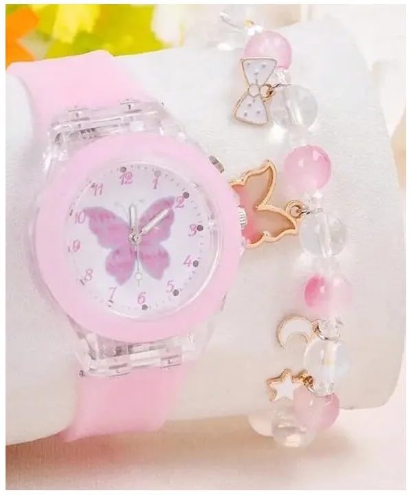 Butterfly Designed Analogue Watch with Beads Embellished Bracelet for 6year Kids - Analog-Digital Watch for Boys & Girls (Baby Pink) - Image 5