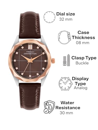 French Connection 3 Hands Brown Round Dial Leather Strap Casual Premium MOP Feature Wrist Watch for Women - FCB11BRL - Image 6