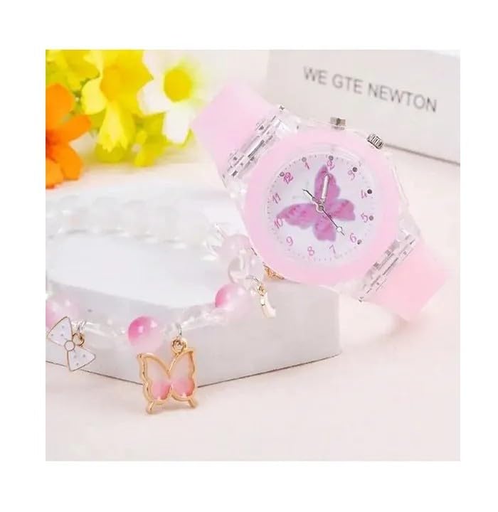 Butterfly Designed Analogue Watch with Beads Embellished Bracelet for 6year Kids - Analog-Digital Watch for Boys & Girls (Baby Pink) - Image 4