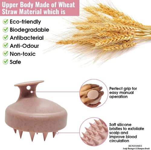 RENESMEE Scalp Massager Shampoo Brush, Eco-friendly Wheat Straw body with Soft Silicon Bristles, Hair Scalp Scrubber, Scalp Exfoliator | Dandruff Removal, Prevents Hair loss (Pink) - Image 3