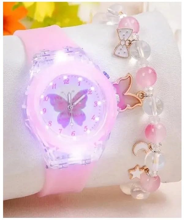 Butterfly Designed Analogue Watch with Beads Embellished Bracelet for 6year Kids - Analog-Digital Watch for Boys & Girls (Baby Pink) - Image 3